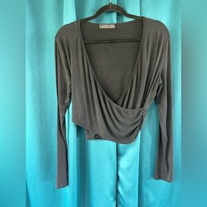 Black Long Sleeve Wrap Crop Blouse